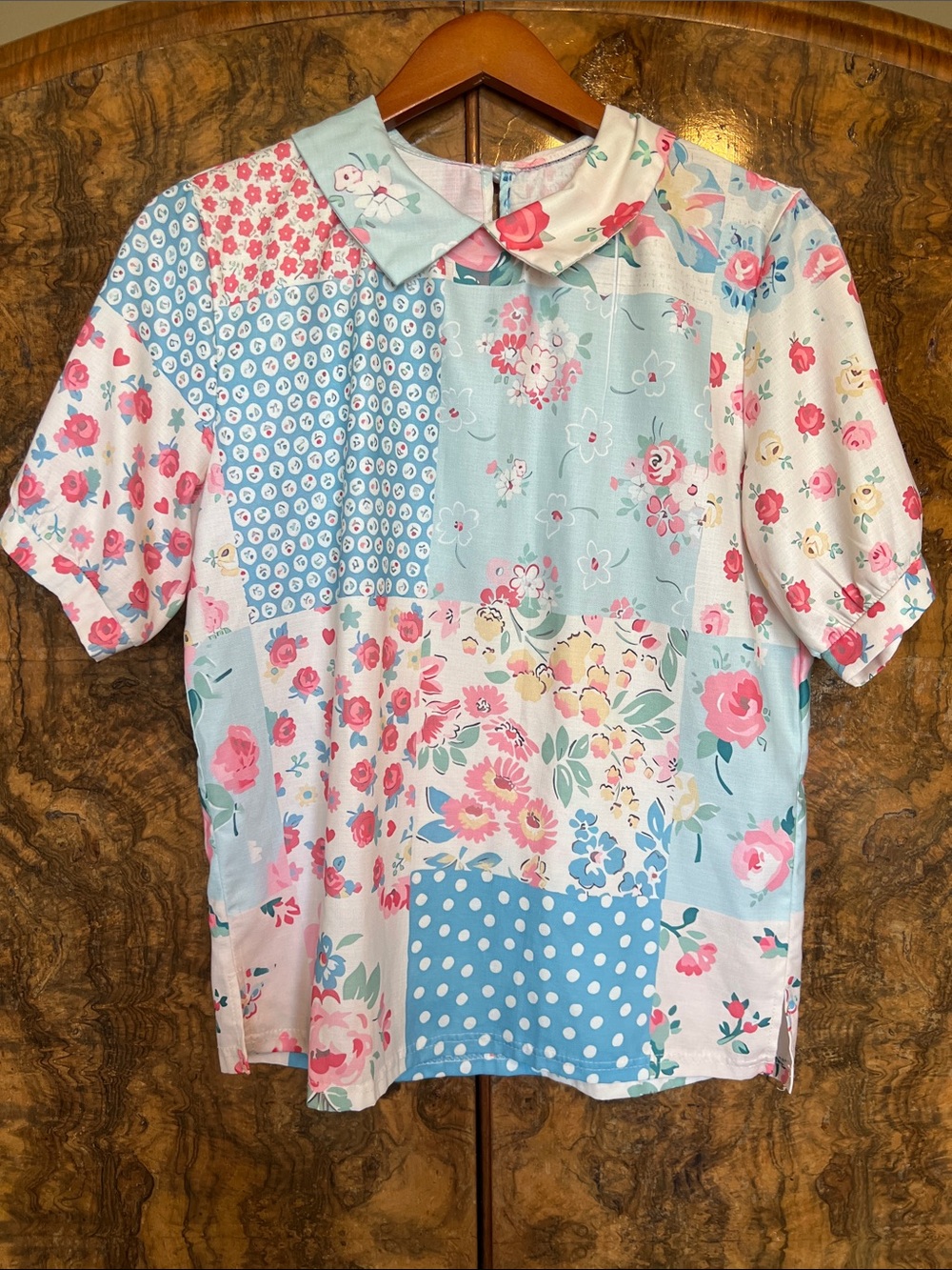Boutique Womens Floral Patchwork Short-Sleeve Top - Pastel Blue & Pinky